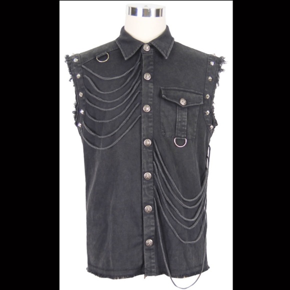 *SOLD* DEVIL FASHION SLEEVELESS DENIM SHIRT BLACK GOTHIC BIKER - Picture 1 of 8
